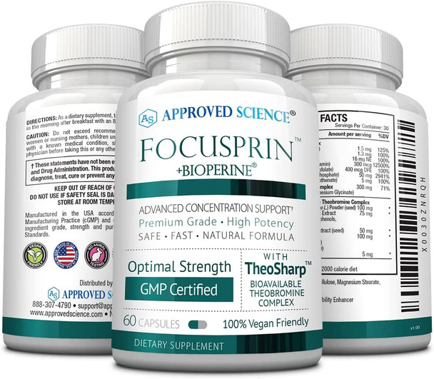 Approved Science Focusprin  Brain Support Supplement  Boost Focus Concentration Cognitive Function And Relaxation  Vegan  60 Capsules  Made In The Usa
