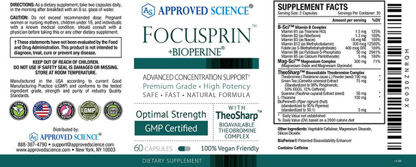Approved Science Focusprin  Brain Support Supplement  Boost Focus Concentration Cognitive Function And Relaxation  Vegan  60 Capsules  Made In The Usa