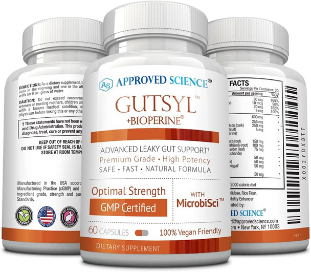 Approved ScienceGutsyl  Leaky Gut Supplement  Protect GI Tract with Aloe Vera Marshmallow Root Licorice and Slippery Elm  Contains Prebiotic and BioPerine  60 Capsules  100 Vegan