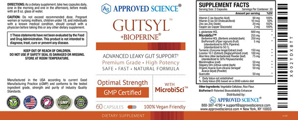 Approved ScienceGutsyl  Leaky Gut Supplement  Protect GI Tract with Aloe Vera Marshmallow Root Licorice and Slippery Elm  Contains Prebiotic and BioPerine  60 Capsules  100 Vegan