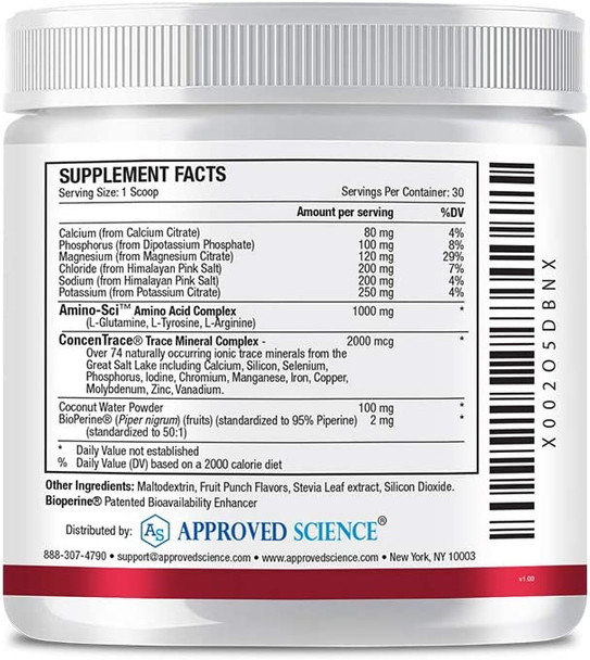 Approved Science Electrolyte Powder  Restore Hydration Boost Energy  Quick Absorption  L Glutamine L Tyrosine L Arginine  One Tub  30 Servings  Fruit Punch Flavor  Made in The USA