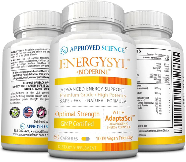 Approved Science Energysyl  Caffeine Free Energy Booster  Increase Physical and Mental Endurance  with Reishi Mushrooms Bioperine  3 Month Supply