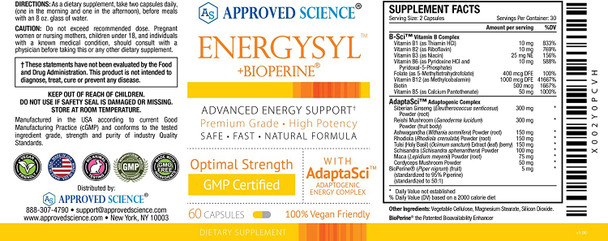 Approved Science Energysyl  Caffeine Free Energy Booster  Increase Physical and Mental Endurance  with Reishi Mushrooms Bioperine  3 Month Supply