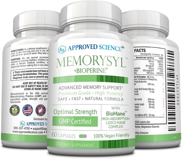 Approved Science MemorySyl  Memory Boosting Supplement  Improve Focus and Concentration  Protect Against Cognitive Decline  with Lions Mane and BioPerine  3 Month Supply  Vegan Approved Science MemorySyl  Memory Boosting Supplement  Improve Focus and Concentration  Protect Against Cognitive Decline  with Lions Mane and BioPerine  3 Month Supply  Vegan