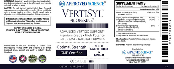 Approved Science VertiSyl  Support Vertigo Dizziness and Nausea  Ginkgo Biloba Ginger Vitamin D3 BioPerine  180 Capsules  Made in The USA