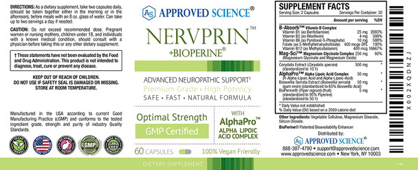 Approved Science Nervprin  Healthy Nerve Support  Peripheral Neuropathy Relief  Benfotiamine B12 RAlphaLipoic Acid Corydalis Boswellia BioPerine  180 Capsules  Made in The USA