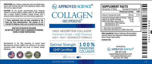 Approved Science Collagen Pills  Absorbable Marine Collagen Types I and III  60 Tablets  Healthy Hair Skin and Joints  Vitamin C Sodium and Bioperine for Fast Results  NonGMO Made in USA