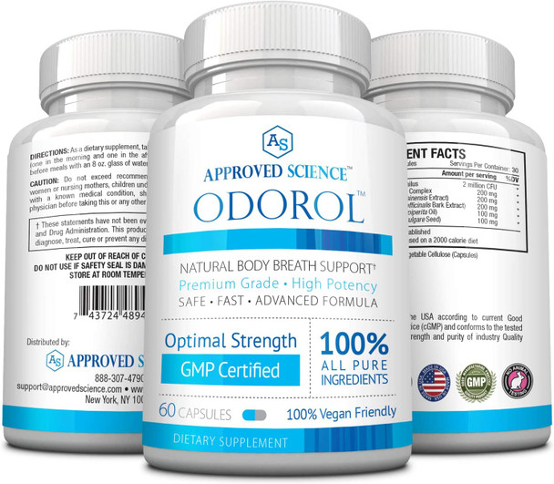 Approved Science Odorol  60 Capsules  Freshen Bad Breath and Body Odor  Contains L.acidophilus Green Tea Magnolia Bark Peppermint Oil and Fennel  All Natural Vegan Friendly NonGMO