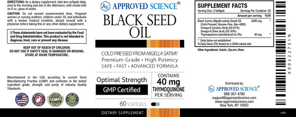 Approved Science Black Seed Oil  Cold Pressed Nigella Sativa  Standardized to 2 Thymoquinone  180 Softgels  Boost Immune Respiratory and Digestive Systems