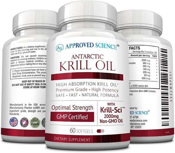 Approved ScienceKrill Oil  2000mg Antarctic Krill Oil 650mcg Astaxanthin  Support Cardiovascular Cognitive and Joint Health  60 Softgels Per Bottle  3 Month Supply