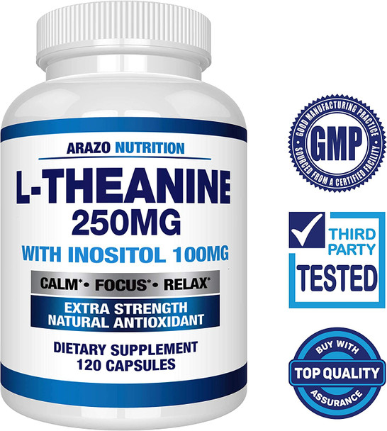 LTheanine 250mg Extra Strength with Inositol 100mg 120 Capsules Vegetarian Arazo Nutrition