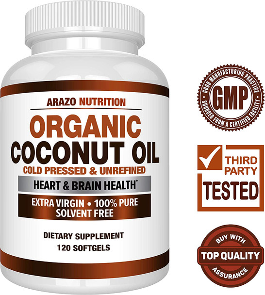 Organic Coconut Oil 2000mg  100 Extra Virgin Cold Pressed for Weight Support Skin Hair Nails  120 Softgel Capsules  Arazo Nutrition