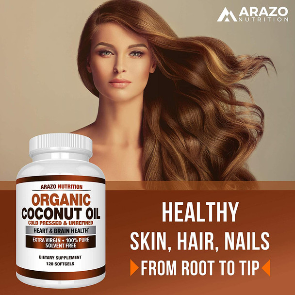 Organic Coconut Oil 2000mg  100 Extra Virgin Cold Pressed for Weight Support Skin Hair Nails  120 Softgel Capsules  Arazo Nutrition