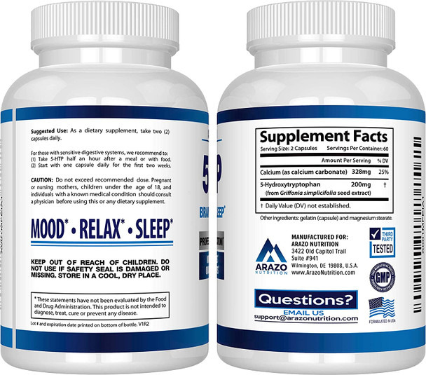 5HTP 200mg Plus Calcium for Mood Sleep  Supports Calm and Relaxed Mood  99 High Purity  120 Capsules  Arazo Nutrition