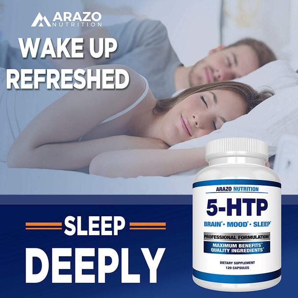 5HTP 200mg Plus Calcium for Mood Sleep  Supports Calm and Relaxed Mood  99 High Purity  120 Capsules  Arazo Nutrition