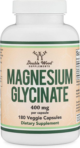 Magnesium Glycinate 400mg 180 Capsules Vegan Safe Manufactured and Third Party Tested in The USA Gluten Free NonGMO High Absorption Magnesium by Double Wood Supplements
