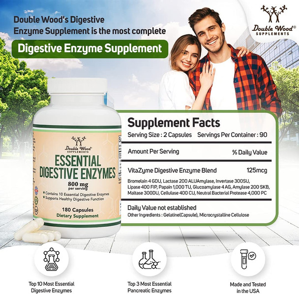 Digestive Enzymes  800mg Blend of All 10 Most Essential Digestive and Pancreatic Enzymes Amylase Lipase Bromelain Lactase Papain Protease Cellulase Maltase Invertase by Double Wood