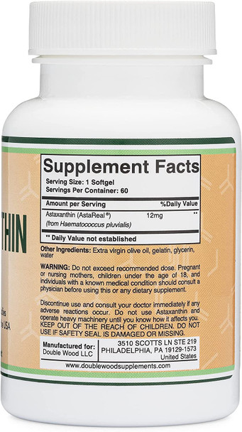 Astaxanthin 12mg Max Strength AstaReal Natural Patented Astaxanthin with 70 Human Clinical Trials  Worlds Most Studied Brand Grown Harvested and Made in The USA by Double Wood Supplements