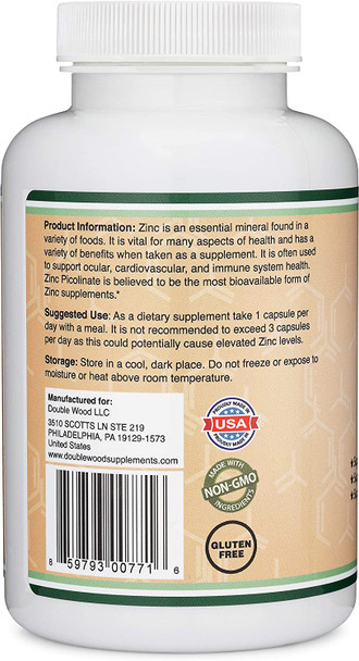 Zinc Picolinate 50mg 300 Capsules Immune Support for Kids and Adults NonGMO Gluten Free Manufactured in The USA 300 Day Supply by Double Wood Supplements