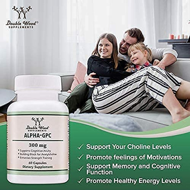 Alpha GPC Choline Brain Supplement for Acetylcholine 60 Count 600mg Servings Advanced Memory Formula Nootropics Brain Support Supplement Manufactured in The USA by Double Wood Supplements