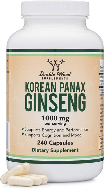 Panax Ginseng Korean Red Variety 4 Month Supply 240 Vegan Capsules  1000mg per Serving for Mood Cognitive Function and Energy Support by Double Wood Supplements