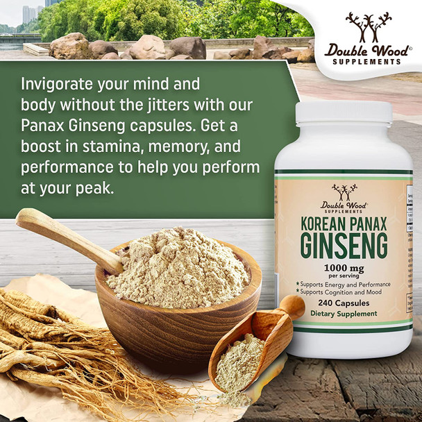 Panax Ginseng Korean Red Variety 4 Month Supply 240 Vegan Capsules  1000mg per Serving for Mood Cognitive Function and Energy Support by Double Wood Supplements