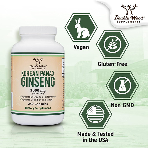 Panax Ginseng Korean Red Variety 4 Month Supply 240 Vegan Capsules  1000mg per Serving for Mood Cognitive Function and Energy Support by Double Wood Supplements