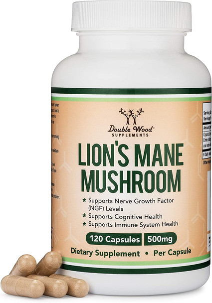 Lions Mane Mushroom Supplement Capsules Two Month Supply  120 Count Vegan Supplement  Nootropics Brain Support Supplement and Immune Health Manufactured in The USA by Double Wood Supplements