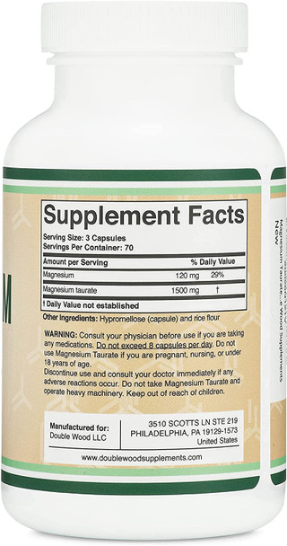 Magnesium Taurate Supplement for Sleep Calming and Cardiovascular Support 1500mg per Serving 210 Vegan Capsules Manufactured in USA by Double Wood Supplements