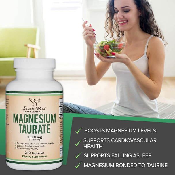 Magnesium Taurate Supplement for Sleep Calming and Cardiovascular Support 1500mg per Serving 210 Vegan Capsules Manufactured in USA by Double Wood Supplements