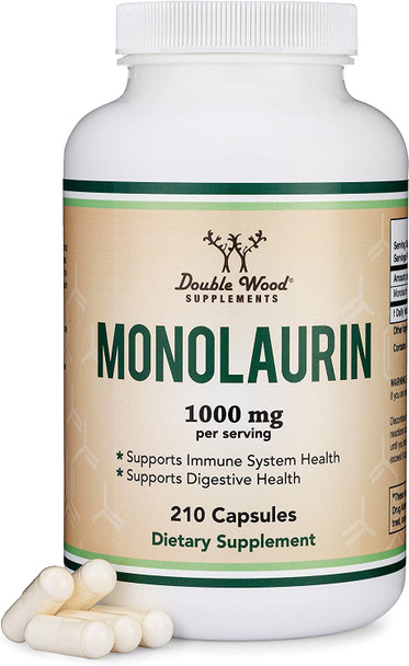 Monolaurin 1000mg per Serving 210 Capsules Vegan Safe NonGMO Gluten Free Manufactured in The USA Immune Health Support by Double Wood Supplements