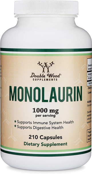 Monolaurin 1000mg per Serving 210 Capsules Vegan Safe NonGMO Gluten Free Manufactured in The USA Immune Health Support by Double Wood Supplements