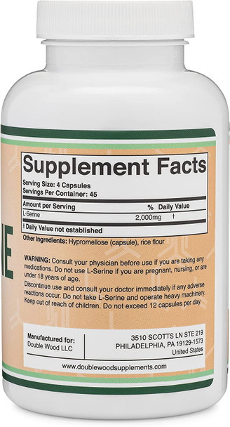 LSerine Capsules Third Party Tested  2000mg Servings Used in Clinical Study 180 Count 500mg per Capsule Amino Acid for Serotonin Production and Brain Support by Double Wood Supplements