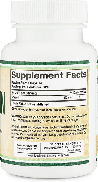 Apigenin Supplement  50mg per Capsule 120 Count Powerful Bioflavonoid Found in Chamomile Tea for Relaxation Nighttime and Mood Manufactured and Tested in The USA by Double Wood Supplements