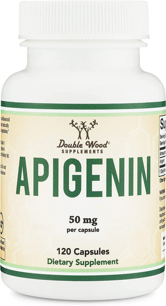 Apigenin Supplement  50mg per Capsule 120 Count Powerful Bioflavonoid Found in Chamomile Tea for Relaxation Nighttime and Mood Manufactured and Tested in The USA by Double Wood Supplements