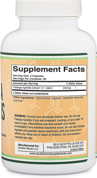 Fadogia Agrestis 600mg Per Serving 180 Capsules Powerful Extract to Support Healthy Testosterone Levels and Athletic Performance Manufactured and Tested in The USA by Double Wood Supplements