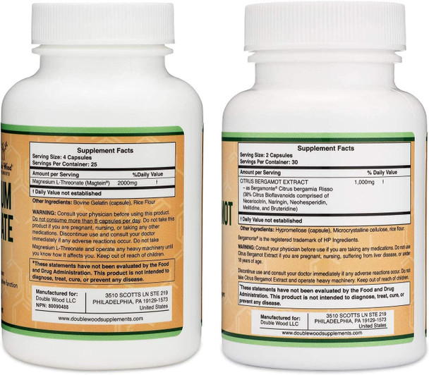 Magnesium LThreonate Magtein and Citrus Bergamot Bergamonte Bundle  Patented and Clinically Studied Supplements for Cholesterol and Cognitive Function Support