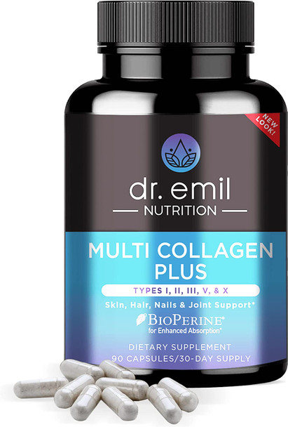 Dr. Emil Nutrition Multi Collagen Plus Pills  Collagen Supplements to Support Hair Skin Nails Joints  Gut Health  Hydrolyzed Collagen Supplement with Type I II III V X Collagen Peptides.