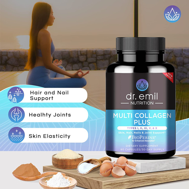 Dr. Emil Nutrition Multi Collagen Plus Pills  Collagen Supplements to Support Hair Skin Nails Joints  Gut Health  Hydrolyzed Collagen Supplement with Type I II III V X Collagen Peptides.