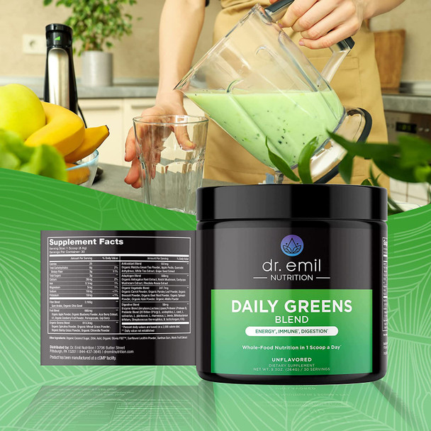 Dr. Emil Nutrition Super Greens Powder  Daily Greens Blend  Superfood Powder with Probiotics Fruits  Veggies  Powdered Greens Supplement 30 Servings