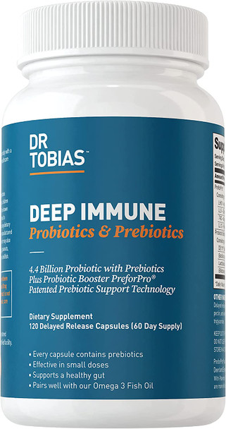 Dr. Tobias Deep Immune Probiotics  Prebiotics for Women  Men  4.4 Billion CFUs Helps Support Digestive  Gut Health Immune Strength  Absorb Nutrition  2 Daily 120 Capsules 60 Day Supply