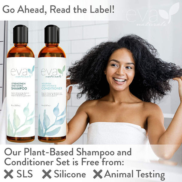 Natural Strengthening Hair Shampoo and Conditioner Set  All Hair Types Hair Care Set with Amino Acids Herbal Extracts Add Shine and Moisture to Revive Color Treated Hair by Eva Naturals 8 oz. Each