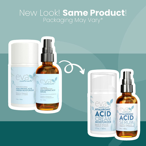 Hyaluronic Acid Routine Bundle by Eva Naturals  Hyaluronic Acid Serum 2oz and Hyaluronic Acid Moisturizing Cream 1.7oz