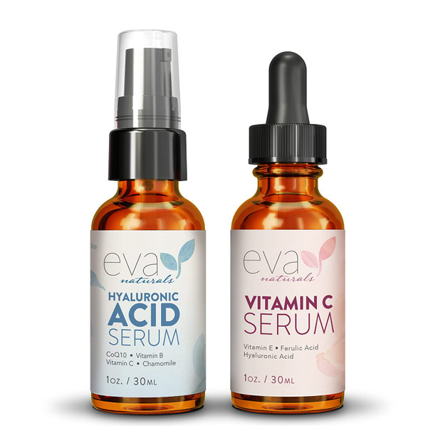 Eva Naturals Hydrate and Brighten Skincare Bundle  Includes Hyaluronic Acid Serum and 20 Vitamin C Serum  Restores Lost Moisture Plumps Skin while Toning and Smoothing the Complexion