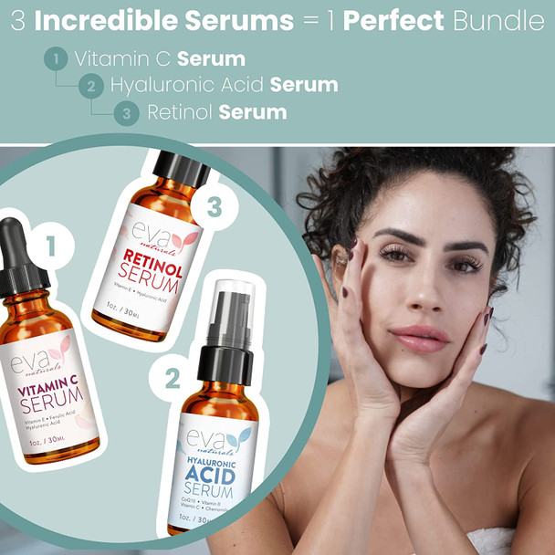Eva Naturals AntiAging Serum Bundle  Vitamin C Serum Hyaluronic Acid Serum and Retinol Serum  Facial Skin Care Products  Hydrate Wrinkles Lines  Acid Serum Vitamin C Serum Serum for Face