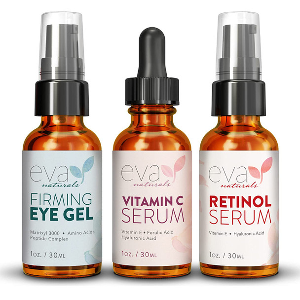 Eva Naturals Facelift in a Bottle  3in1 AntiAging Set with Retinol Serum Vitamin C Serum and Eye Gel  Formulated to Reduce Wrinkles Fade Dark Spots and Treat UnderEye Bags  Premium Quality