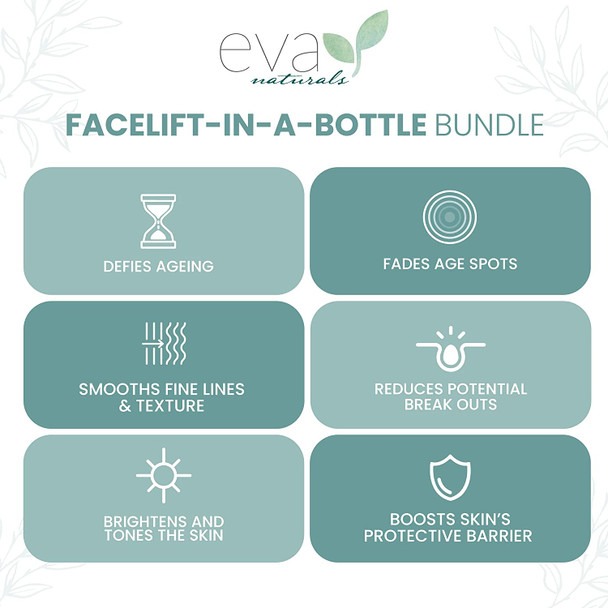 Eva Naturals Facelift in a Bottle  3in1 AntiAging Set with Retinol Serum Vitamin C Serum and Eye Gel  Formulated to Reduce Wrinkles Fade Dark Spots and Treat UnderEye Bags  Premium Quality