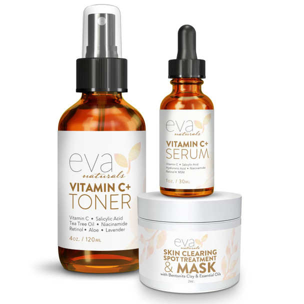 Skin Clearing Bundle by Eva Naturals  Vitamin C Plus Serum 1oz Vitamin C Plus Toner 4oz and Acne Spot Treatment and Mask 2oz
