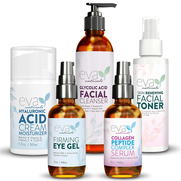 Full Face Routine Skincare Bundle  Glycolic Acid Facial Cleanser 6oz Skin Renewing Facial Toner 4oz Peptide Complex Serum Eye Gel 2oz and Hyaluronic Acid Moisturizing Cream 1.7oz