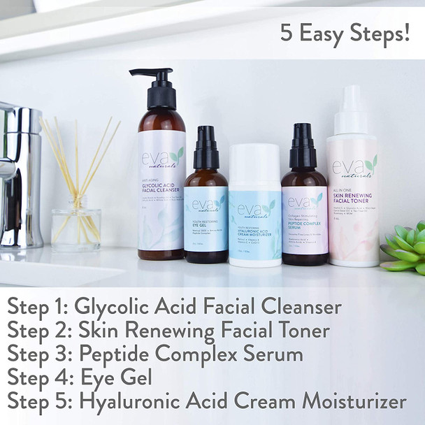 Full Face Routine Skincare Bundle  Glycolic Acid Facial Cleanser 6oz Skin Renewing Facial Toner 4oz Peptide Complex Serum Eye Gel 2oz and Hyaluronic Acid Moisturizing Cream 1.7oz